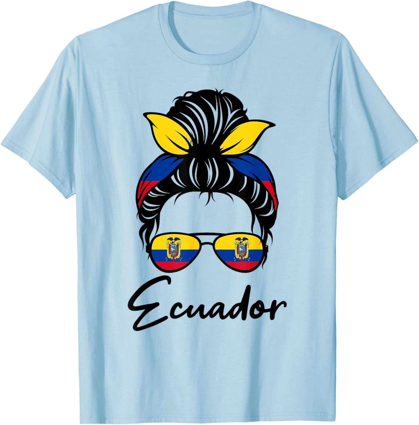Ecuador Flag Messy Bun Patriotic Ecuadorian Wife Mom Girl T-Shirt - T-Shirt | Light Blue
