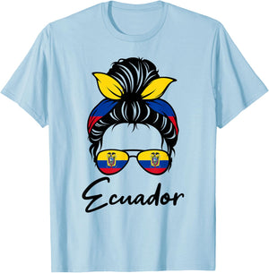 Ecuador Flag Messy Bun Patriotic Ecuadorian Wife Mom Girl T-Shirt - T-Shirt | Light Blue