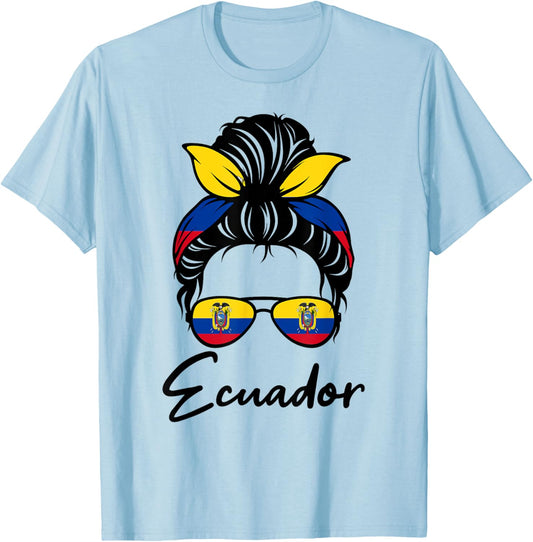 Ecuador Flag Messy Bun Patriotic Ecuadorian Wife Mom Girl T-Shirt - T-Shirt | Light Blue