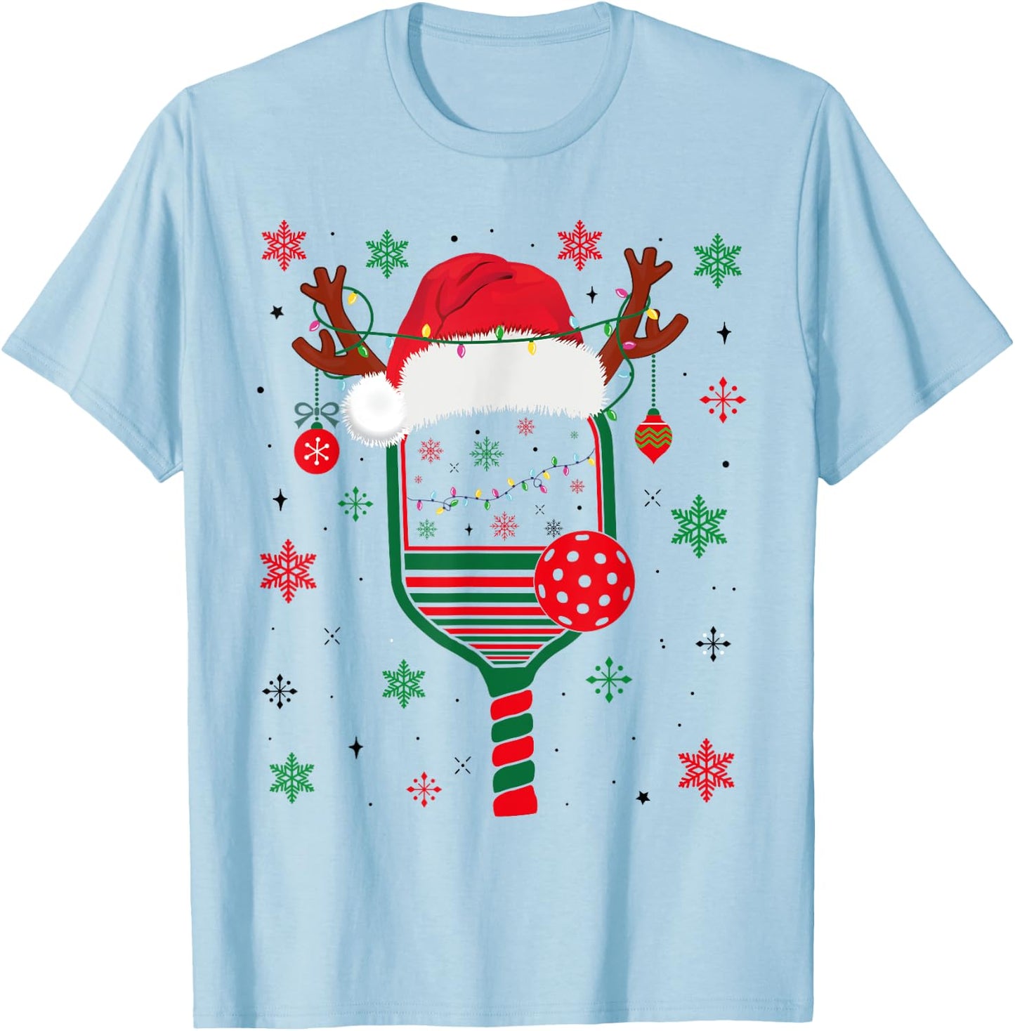Pickleball Player Christmas Holiday Reindeer Xmas Women Men T-Shirt - T-Shirt | Light Blue