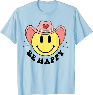 Be Happy Cute Retro Cowboy Smile Face For Boys Girls Women T-Shirt - T-Shirt | Light Blue