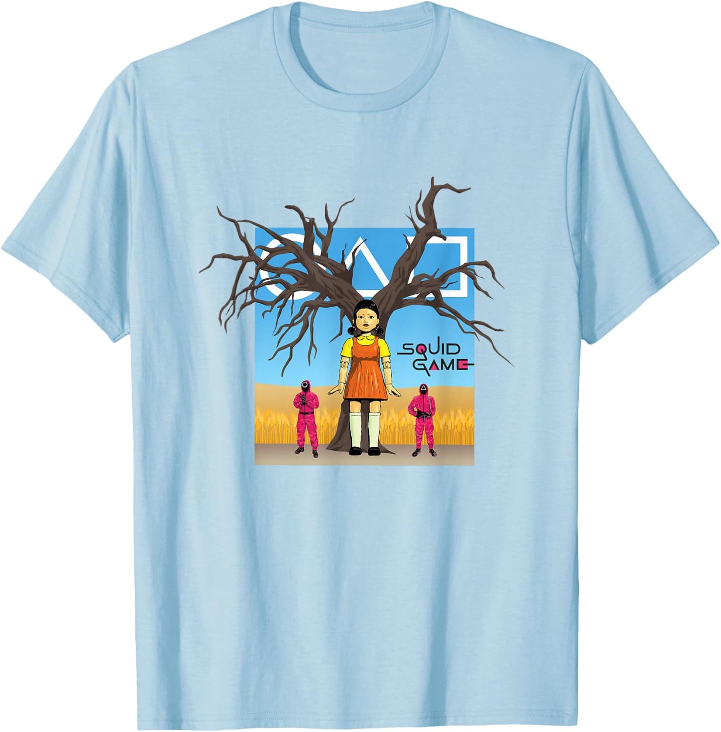 Squid Game 2 Doll & Guards In Red Light Green Light Field T-Shirt - T-Shirt | Light Blue