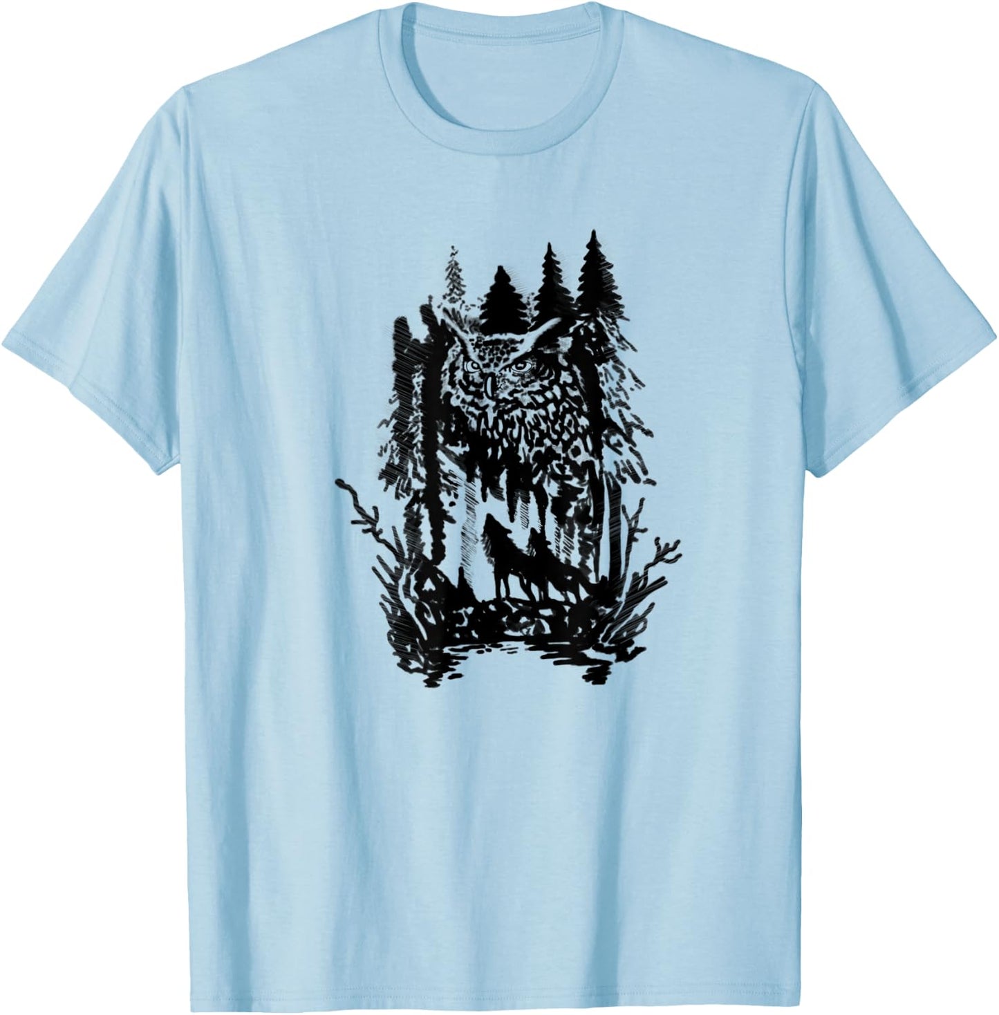 Beautiful harmony owls and wolves with forest design T-Shirt - T-Shirt | Light Blue