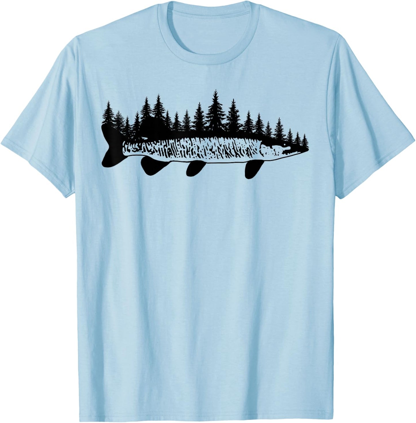 Tiger Musky Pine Forest Treeline - Outdoor Fishing Angler T-Shirt - T-Shirt | Light Blue