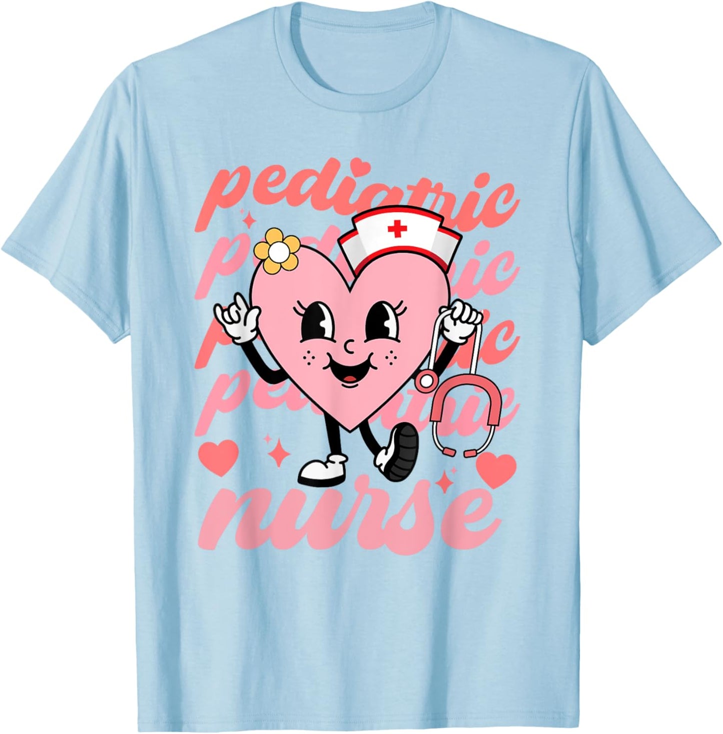 Retro Pediatric Nurse Cute Valentines Day Hearts Stethoscope T-Shirt - T-Shirt | Light Blue