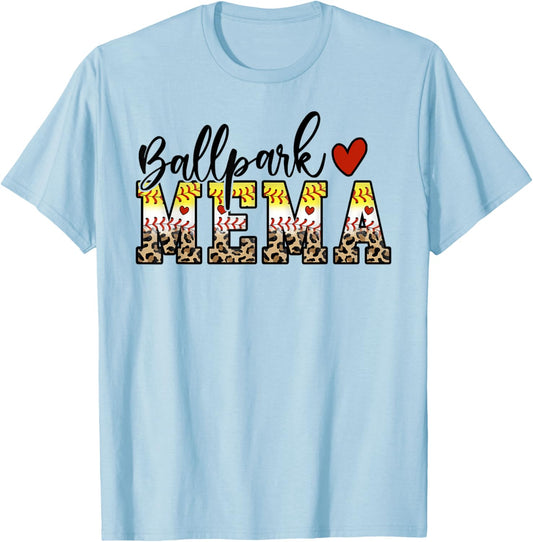 BallPark Mema Baseball Softball Mom Leopard Mother's Day T-Shirt - T-Shirt | Light Blue