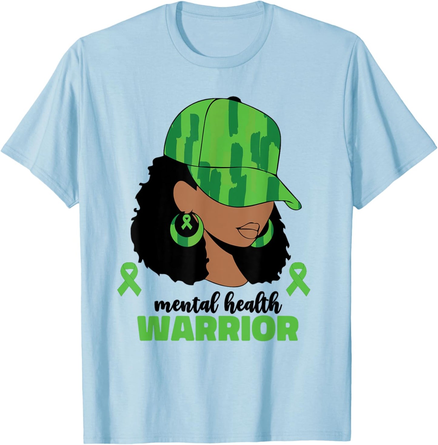 Mental Health Warrior Afro Black Women Green T-Shirt - T-Shirt | Light Blue