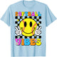 Groovy Softball Vibes Smile Face Checkered Girls Women T-Shirt - T-Shirt | Light Blue