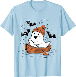 Cute Ghost Rowing Lovers Spooky Lake Boat Halloween T-Shirt - T-Shirt | Light Blue