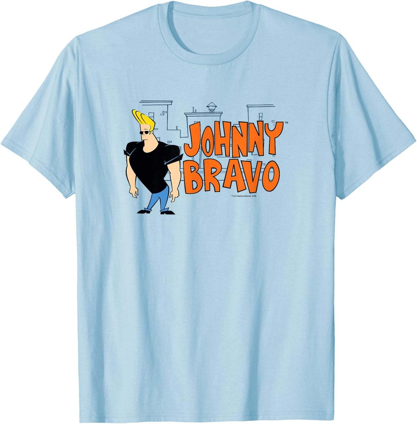 Cartoon Network Johnny Bravo City Logo , Men's, Blue, Small, Short Sleeve, Classic Fit, Cotton 100% T-Shirt - T-Shirt | Light Blue