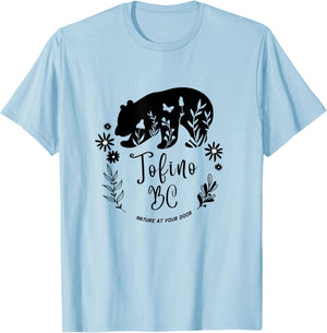 Tofino BC Bear & Flowers Nature At Your Door Design T-Shirt - T-Shirt | Light Blue