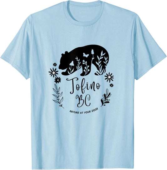 Tofino BC Bear & Flowers Nature At Your Door Design T-Shirt - T-Shirt | Light Blue