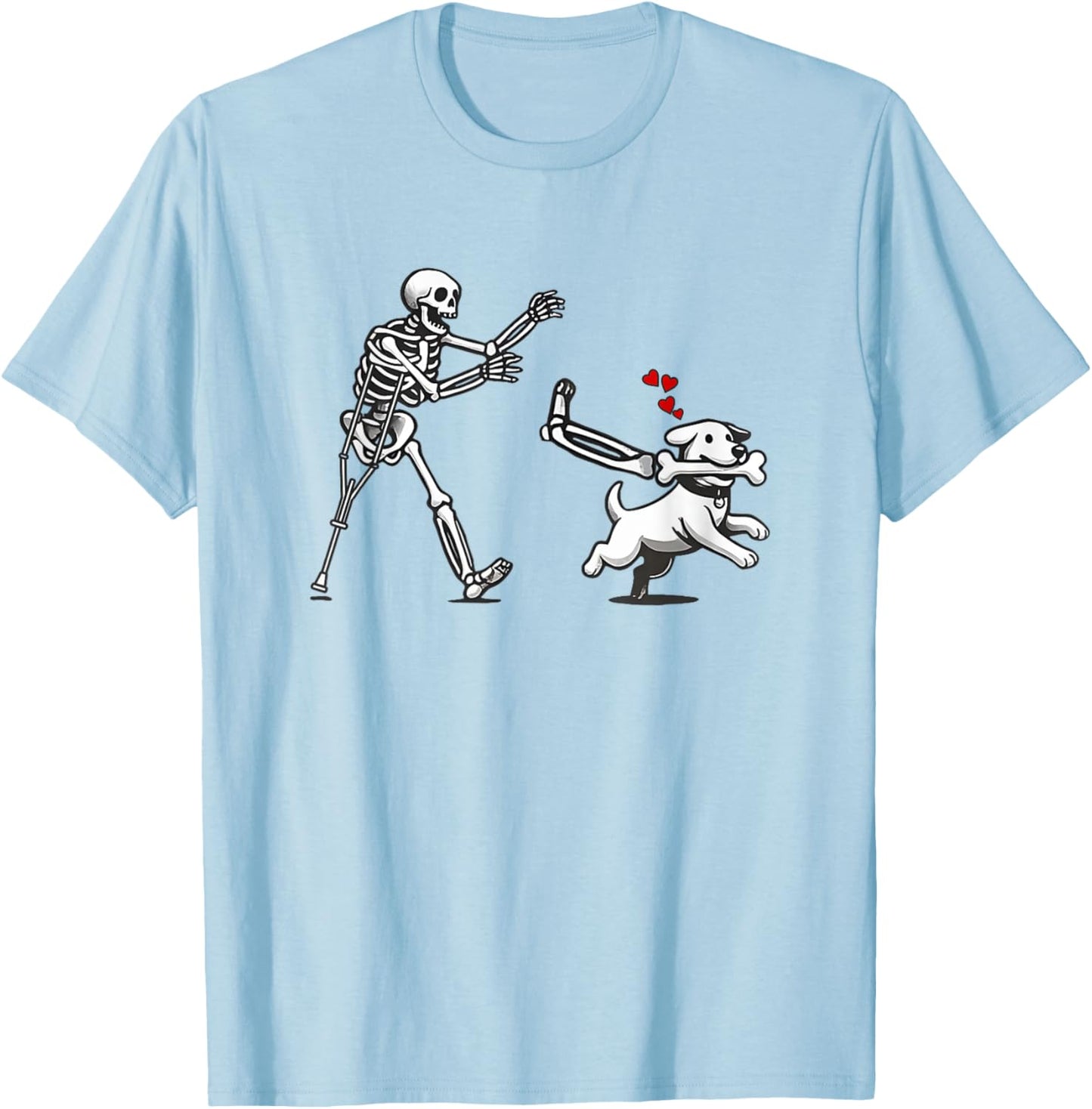 Funny Skeleton Chasing Dog, Funny Dog, Halloween Skeleton T-Shirt - T-Shirt | Light Blue