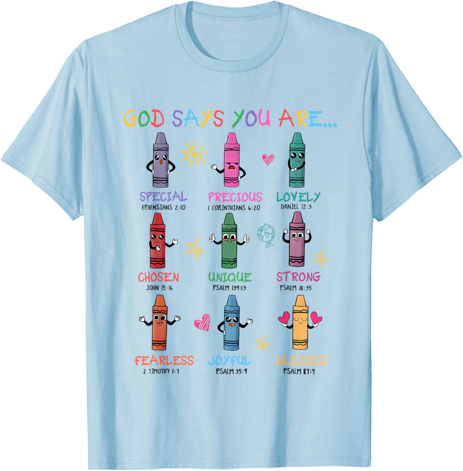 Retro God Says You Are Colorful Crayon Christian Bible Verse T-Shirt - T-Shirt | Light Blue