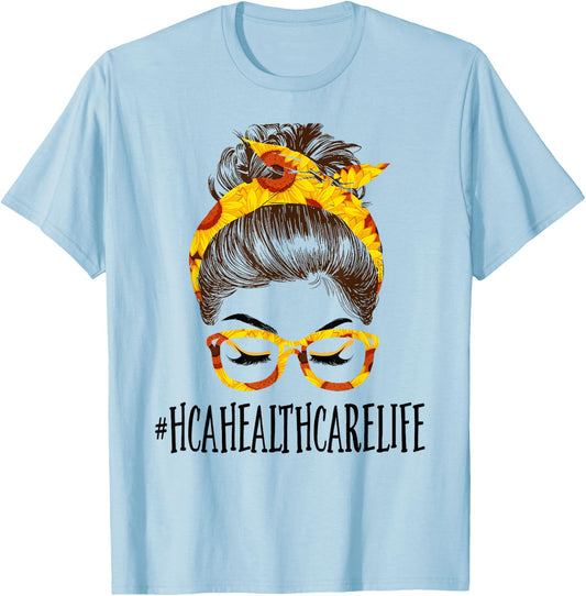 Messy Hair Bun HCA Healthcare Sunflowers Mothers Day T-Shirt - T-Shirt | Light Blue