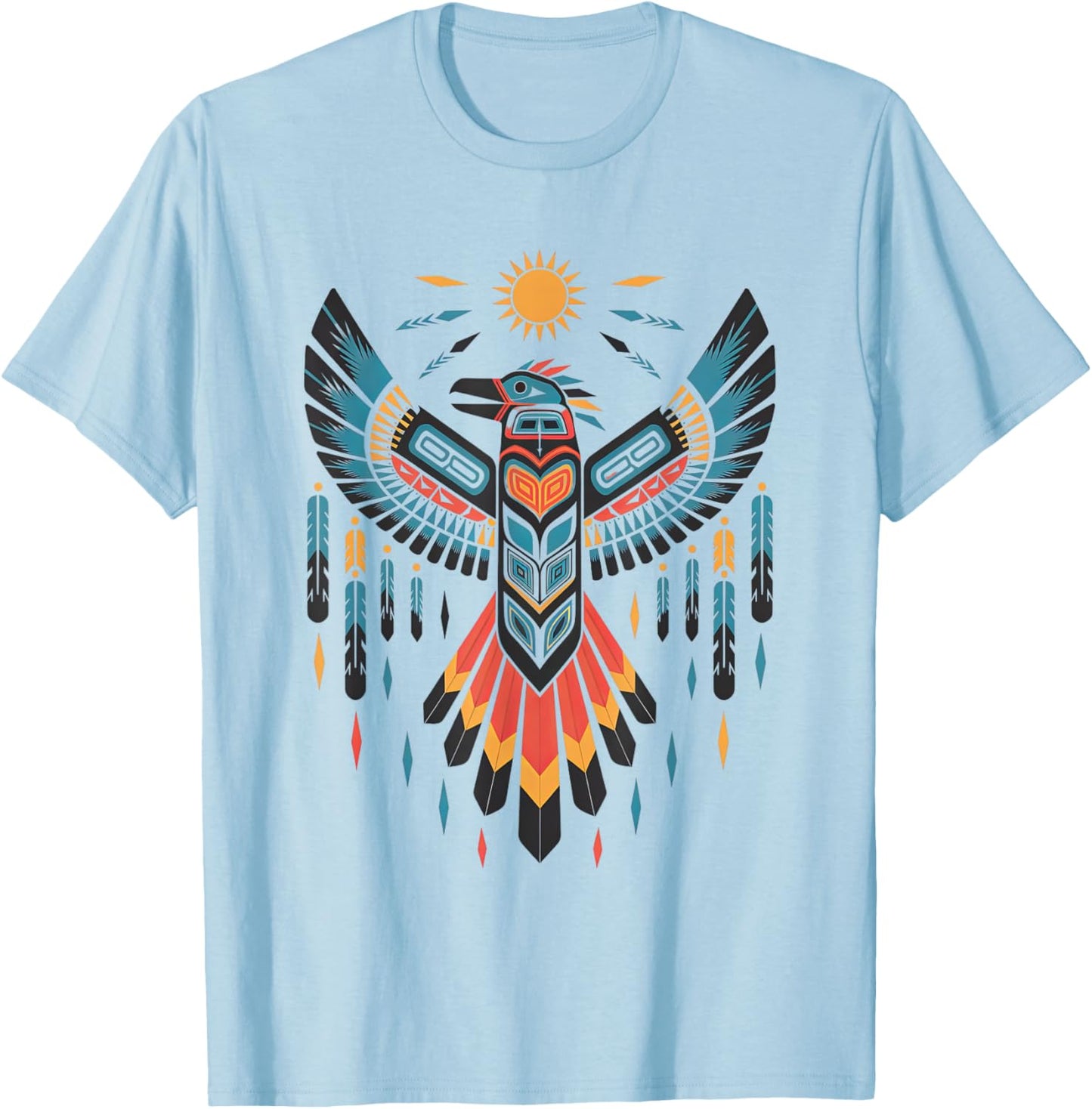 North American Tribal Thunderbird Vibrant Geometric Design T-Shirt - T-Shirt | Light Blue