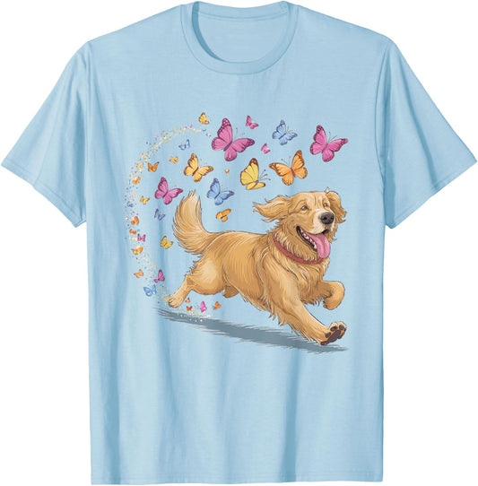 Dog Chases Butterflies Golden Retriever Butterfly T-Shirt - T-Shirt | Light Blue
