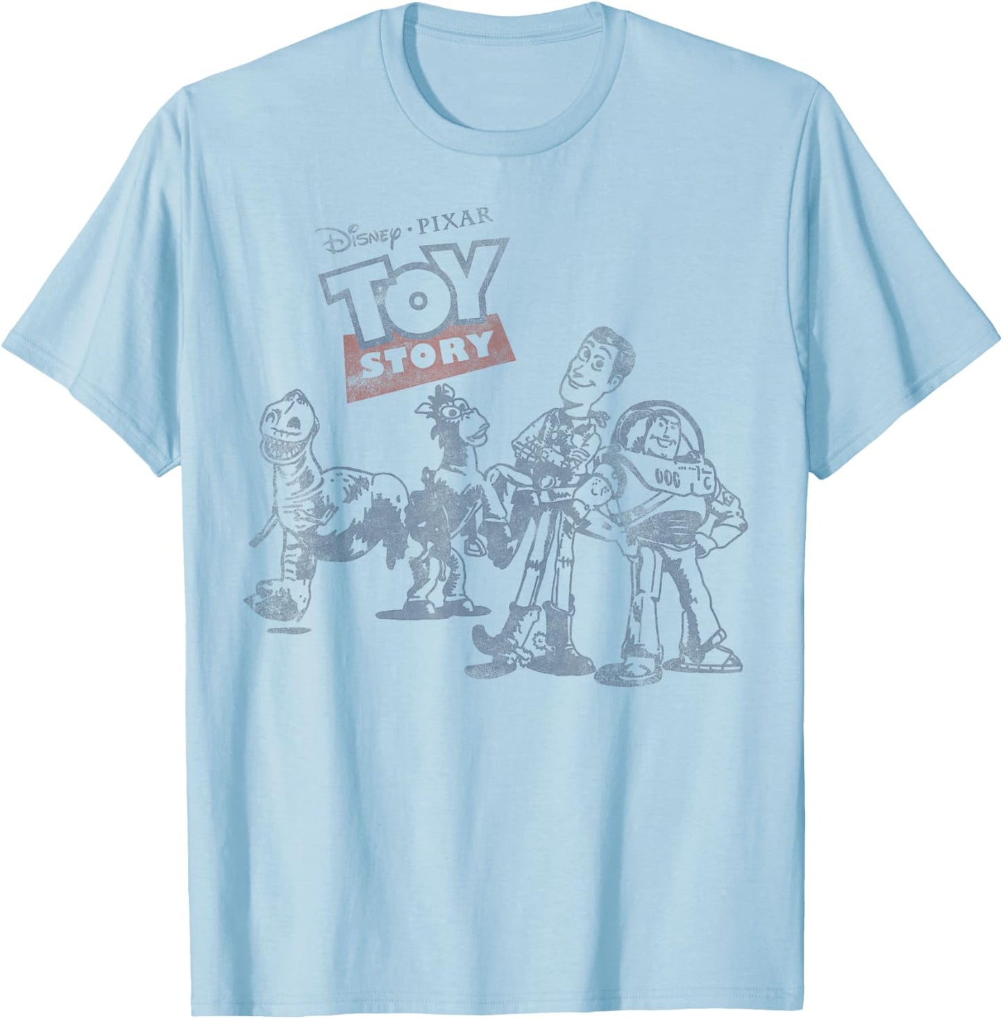 Disney Pixar Toy Story Group Shot Vintage Outlined Portrait T-Shirt - T-Shirt | Light Blue