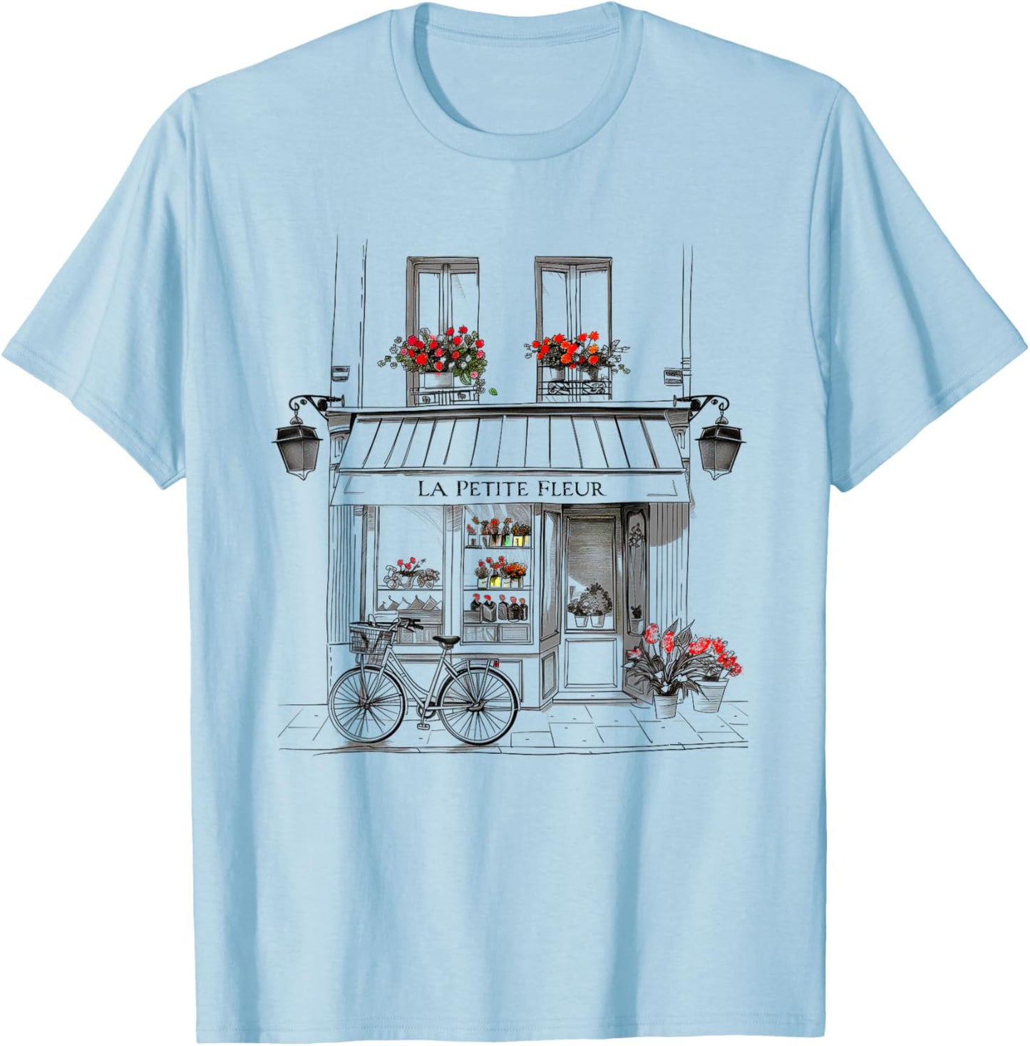Cute French Flower Shop Paris France Line Drawing Souvenir T-Shirt - T-Shirt | Light Blue