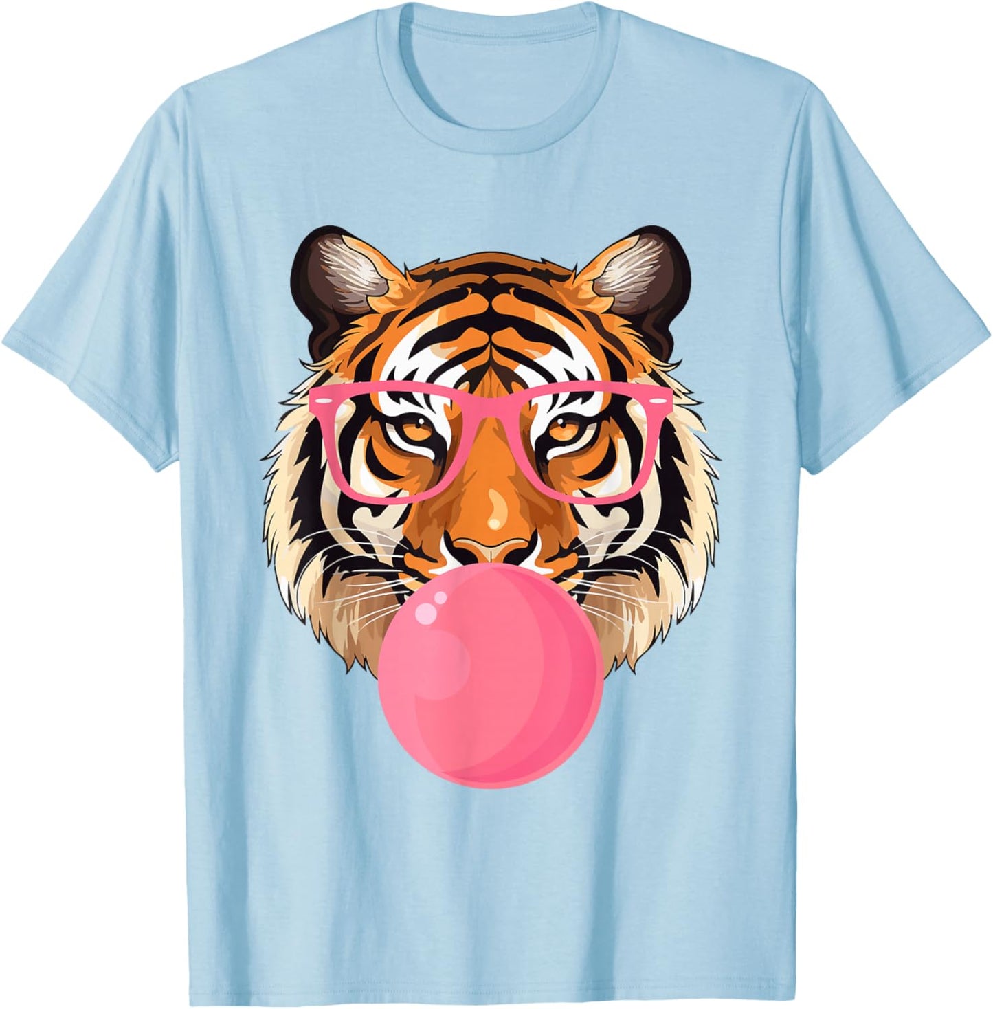 Funny Tiger Glasses Blowing Bubble Gum Cute Tiger Face T-Shirt - T-Shirt | Light Blue