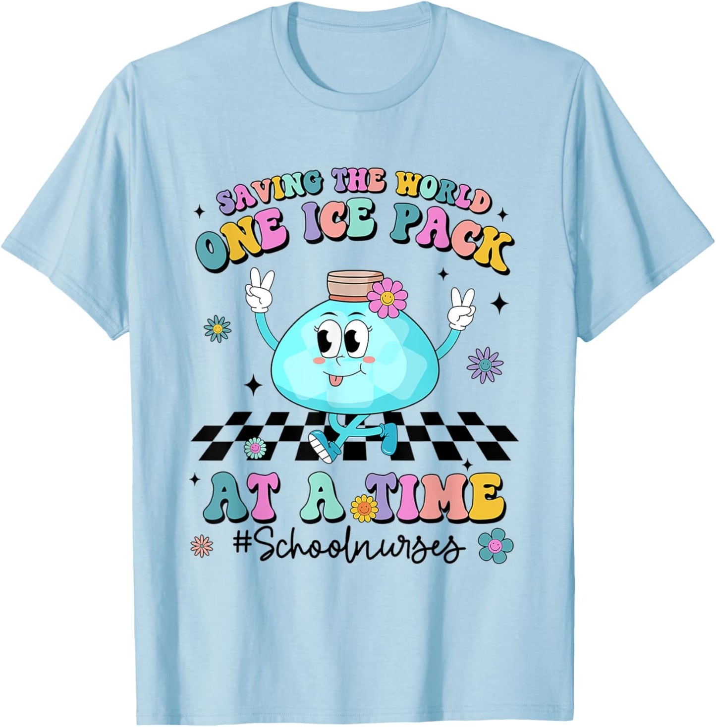 Saving The World One Ice Pack At Time Retro School Nurse T-Shirt - T-Shirt | Light Blue