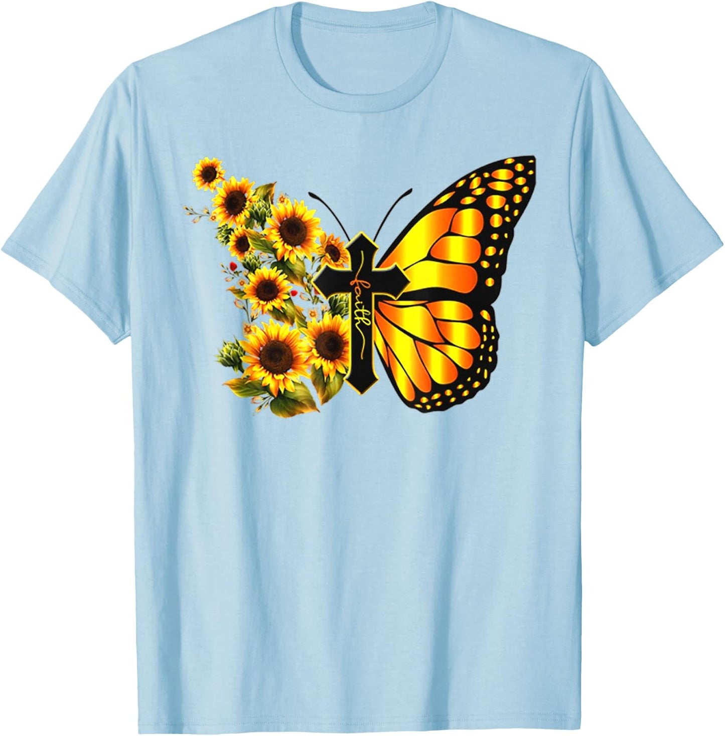 Vintage Faith Cross Sunflower Butterfly Christian T-Shirt - T-Shirt | Light Blue