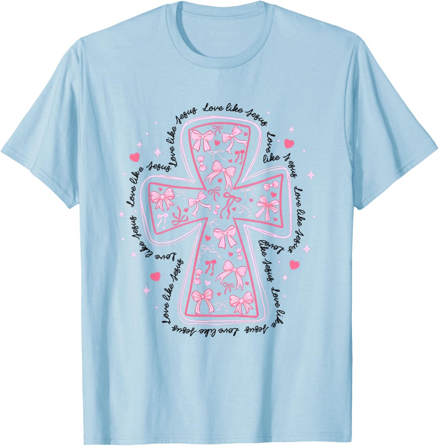 Love Like Jesus Coquette Heart Cross Christian Valentine T-Shirt - T-Shirt | Light Blue