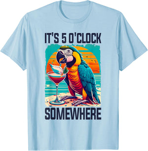 It's 5 O'clock Somewhere Drinking Parrot Cocktail Summer T-Shirt - T-Shirt | Light Blue