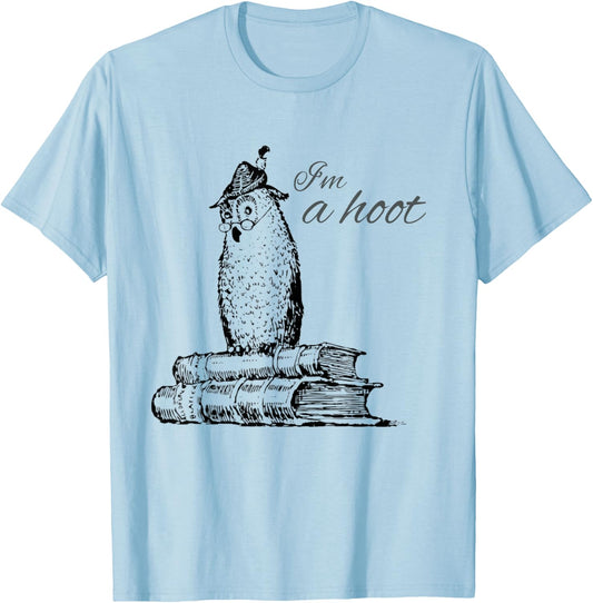 Funny Owl Shirts -Adults & Kids Grey Owl Print T-Shirt - T-Shirt | Light Blue