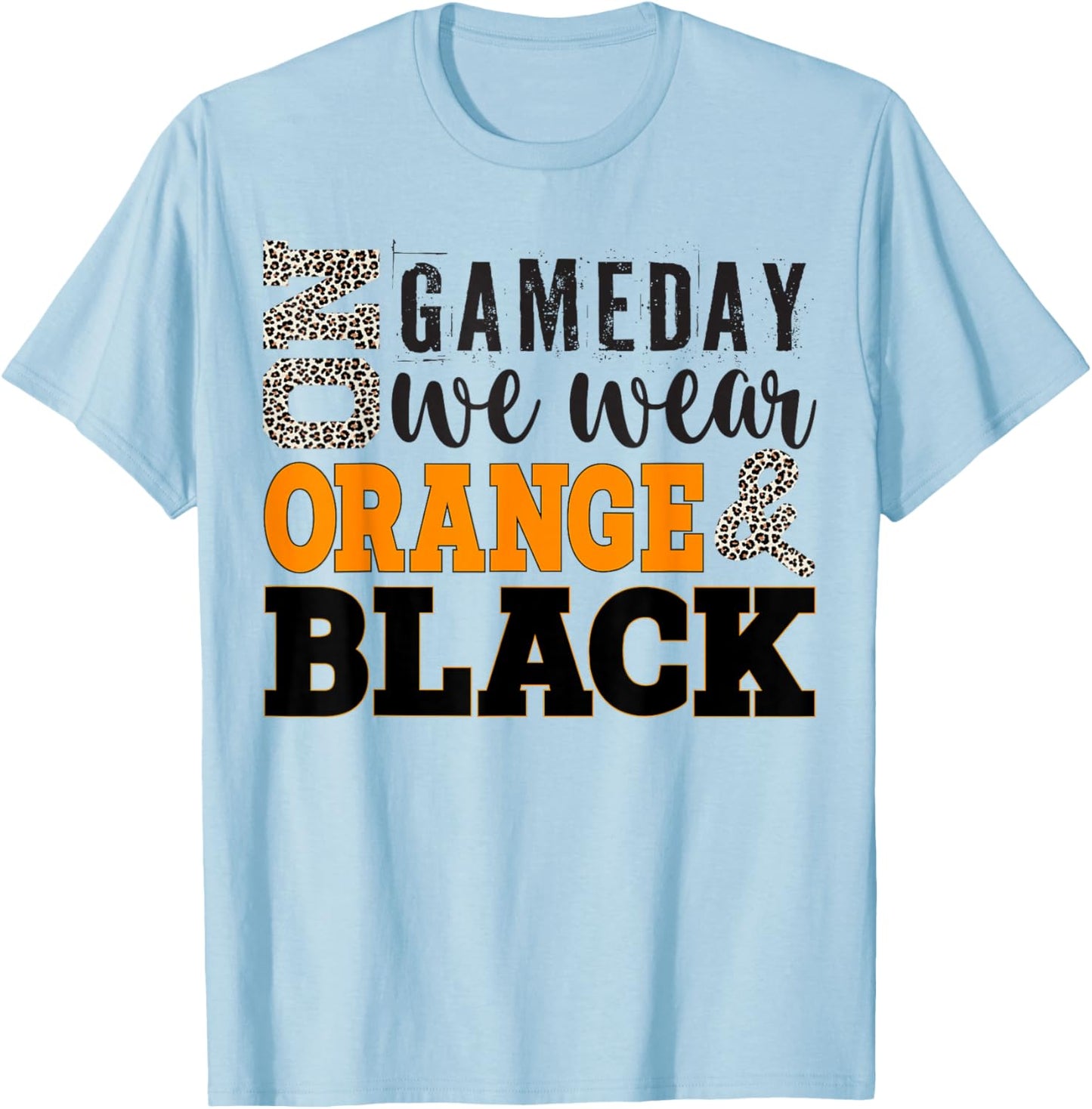 On Gameday Football We Wear Orange And Black Leopard Print T-Shirt - T-Shirt | Light Blue