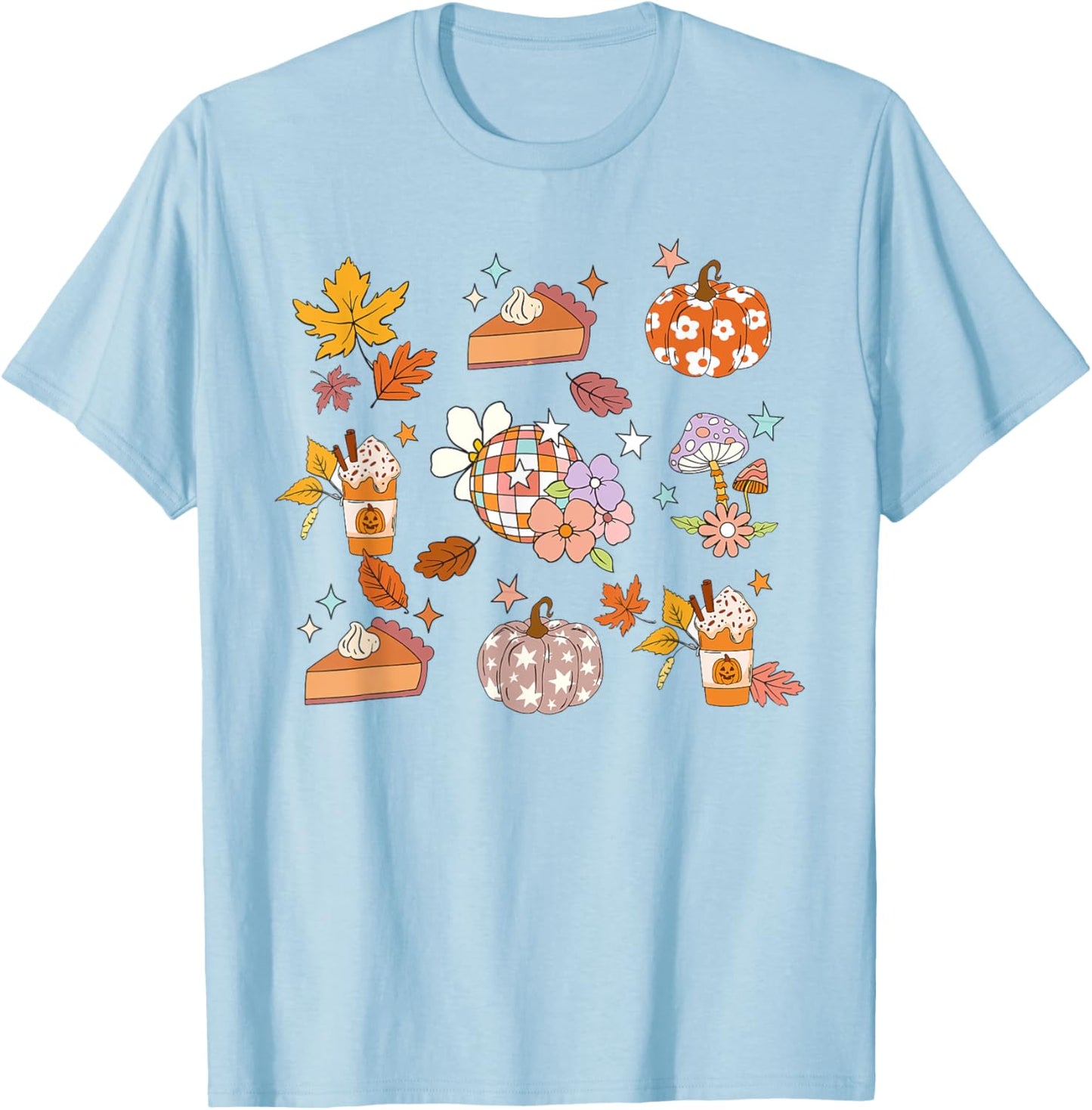 Retro Fall Groovy Fall Pumpkin Coffee Autumn Thanksgiving T-Shirt - T-Shirt | Light Blue