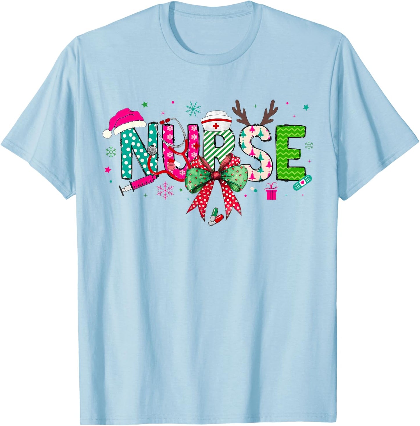 Christmas Nurse Stethoscope Xmas Coquette Bow Nursing School T-Shirt - T-Shirt | Light Blue