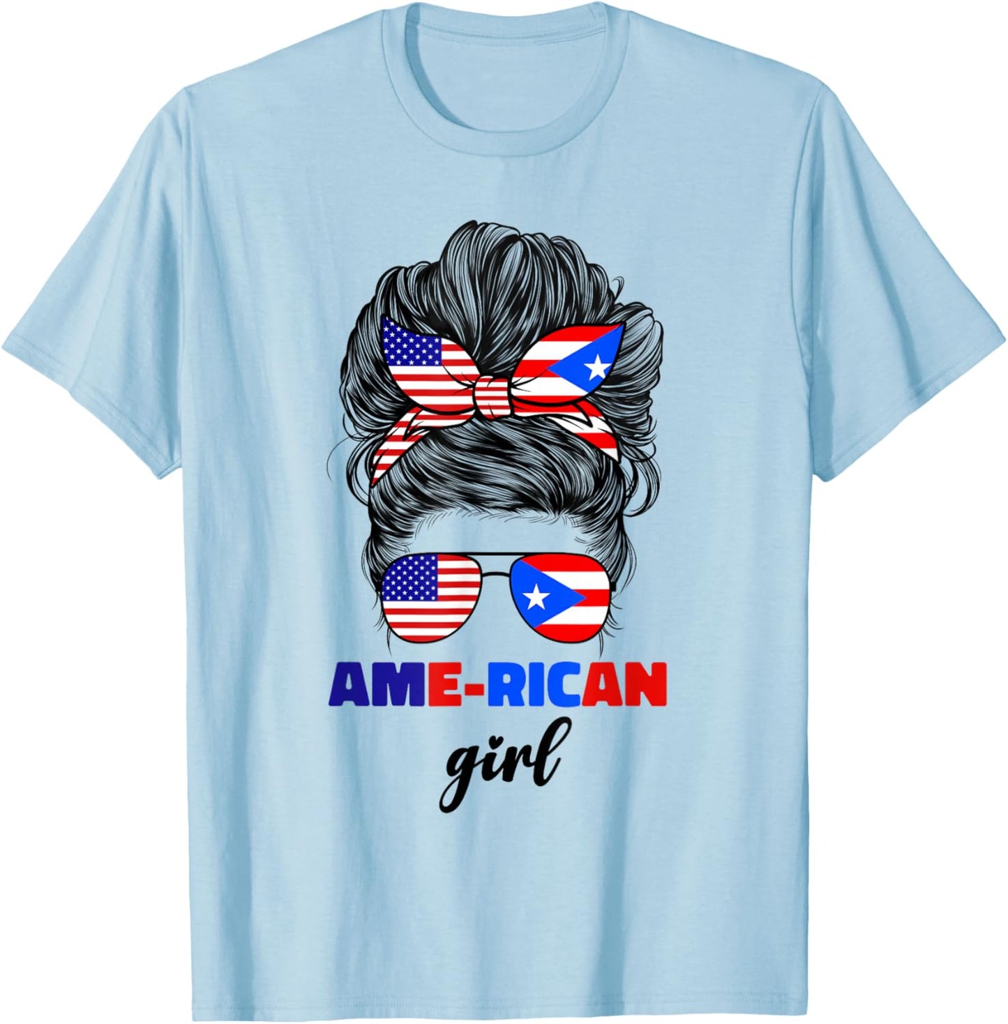 Half American And Puerto Rican Rico Flag Mix Girl Boricua T-Shirt - T-Shirt | Light Blue