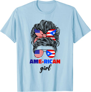 Half American And Puerto Rican Rico Flag Mix Girl Boricua T-Shirt - T-Shirt | Light Blue