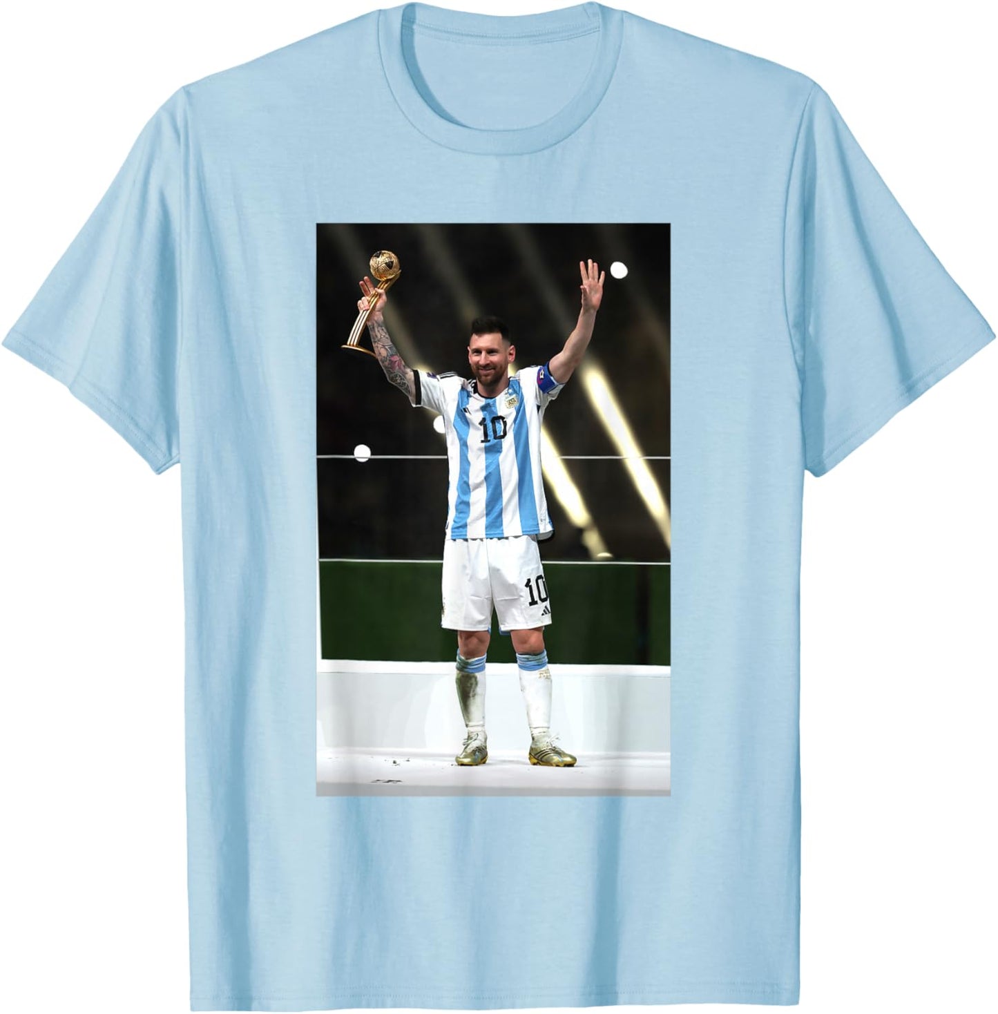 Lionel Messi 5,135.9 cm Katar Weltmeisterschaft Argentinien Sieger Fußball T-Shirt - T-Shirt | Light Blue