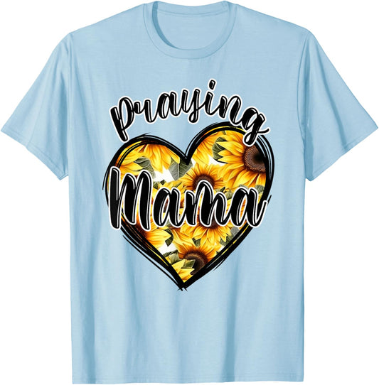 Jesus Praying Mama Christian Religious Sunflowers Heart T-Shirt - T-Shirt | Light Blue