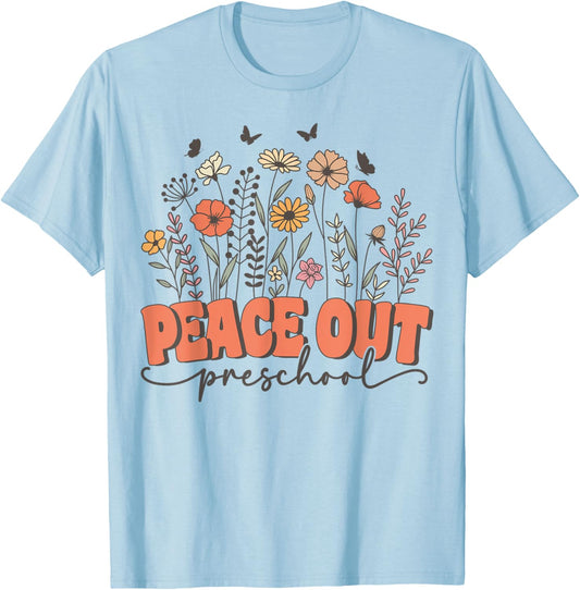 Peace Out Preschool Groovy Wildflower Last Day of Pre K T-Shirt - T-Shirt | Light Blue