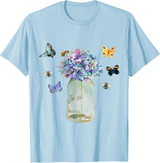 Mason Jar Bee Wildflower Cottagecore Butterfly Vintage Cute T-Shirt - T-Shirt | Light Blue