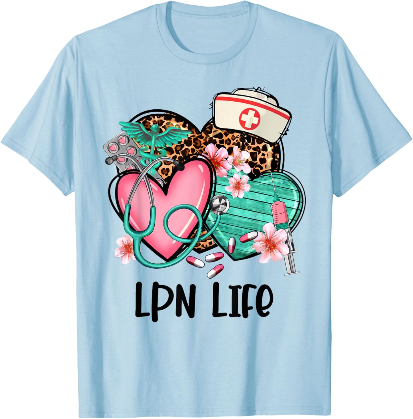 LPN Shirt Nurse Life Graphic Leopard Heart T-Shirt - T-Shirt | Light Blue