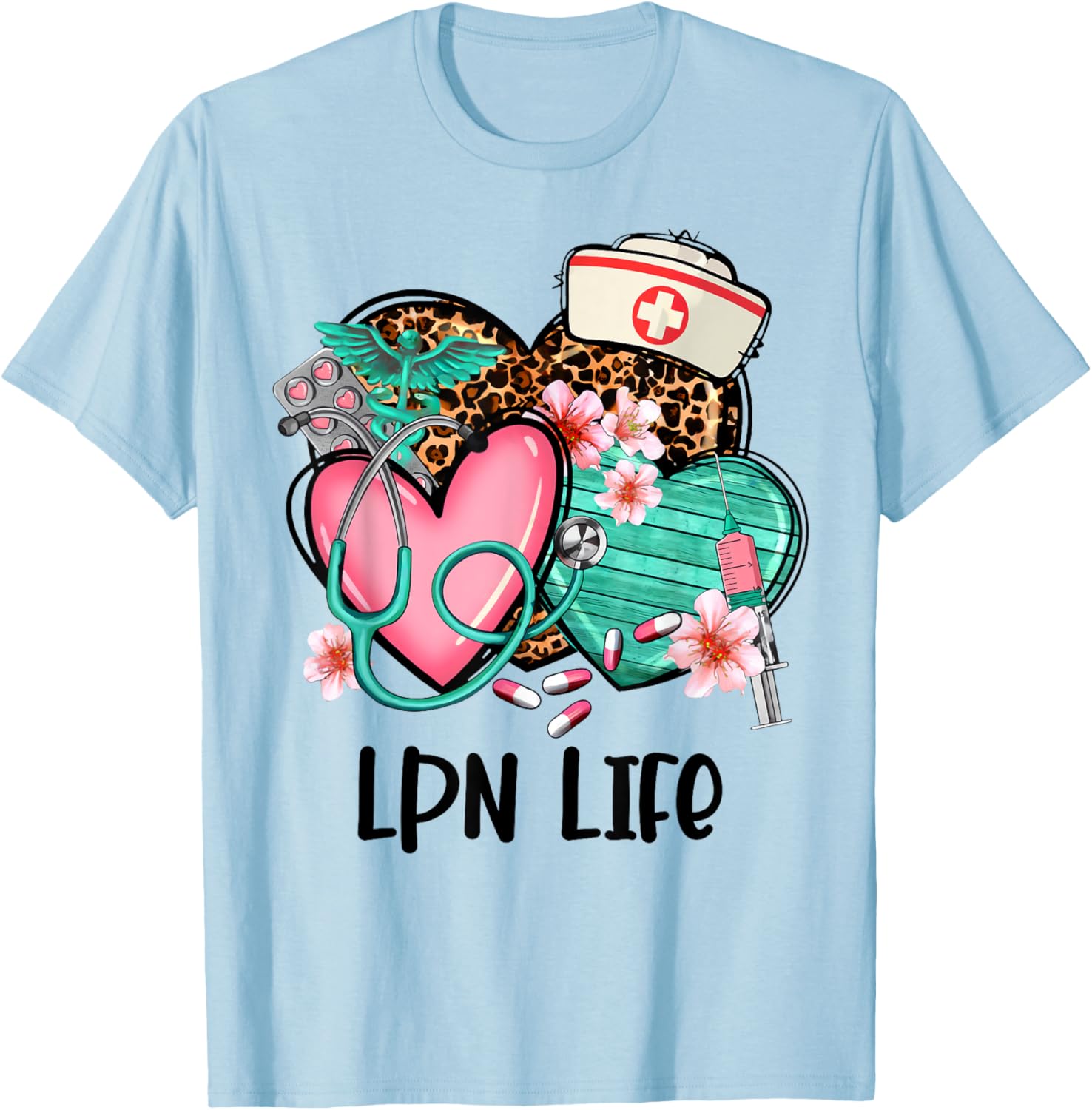 LPN Shirt Nurse Life Graphic Leopard Heart T-Shirt - T-Shirt | Light Blue