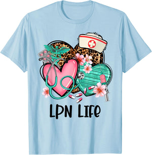 LPN Shirt Nurse Life Graphic Leopard Heart T-Shirt - T-Shirt | Light Blue