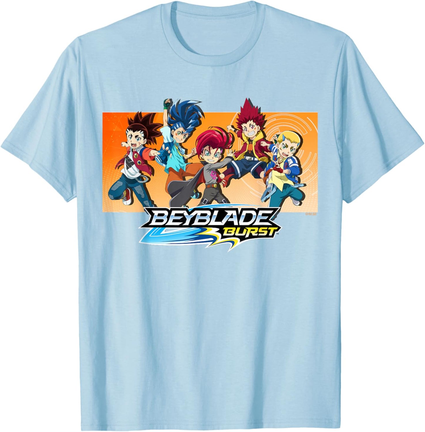 Hasbro BEYBLADE BURST QUADSTRIKE: BEL HYUGA & HIKARU DANTE AIGER Women's White Cartoon Graphic , Small, Crew Collar, Short Sleeve, Classic Fit, Imported T-Shirt - T-Shirt | Light Blue