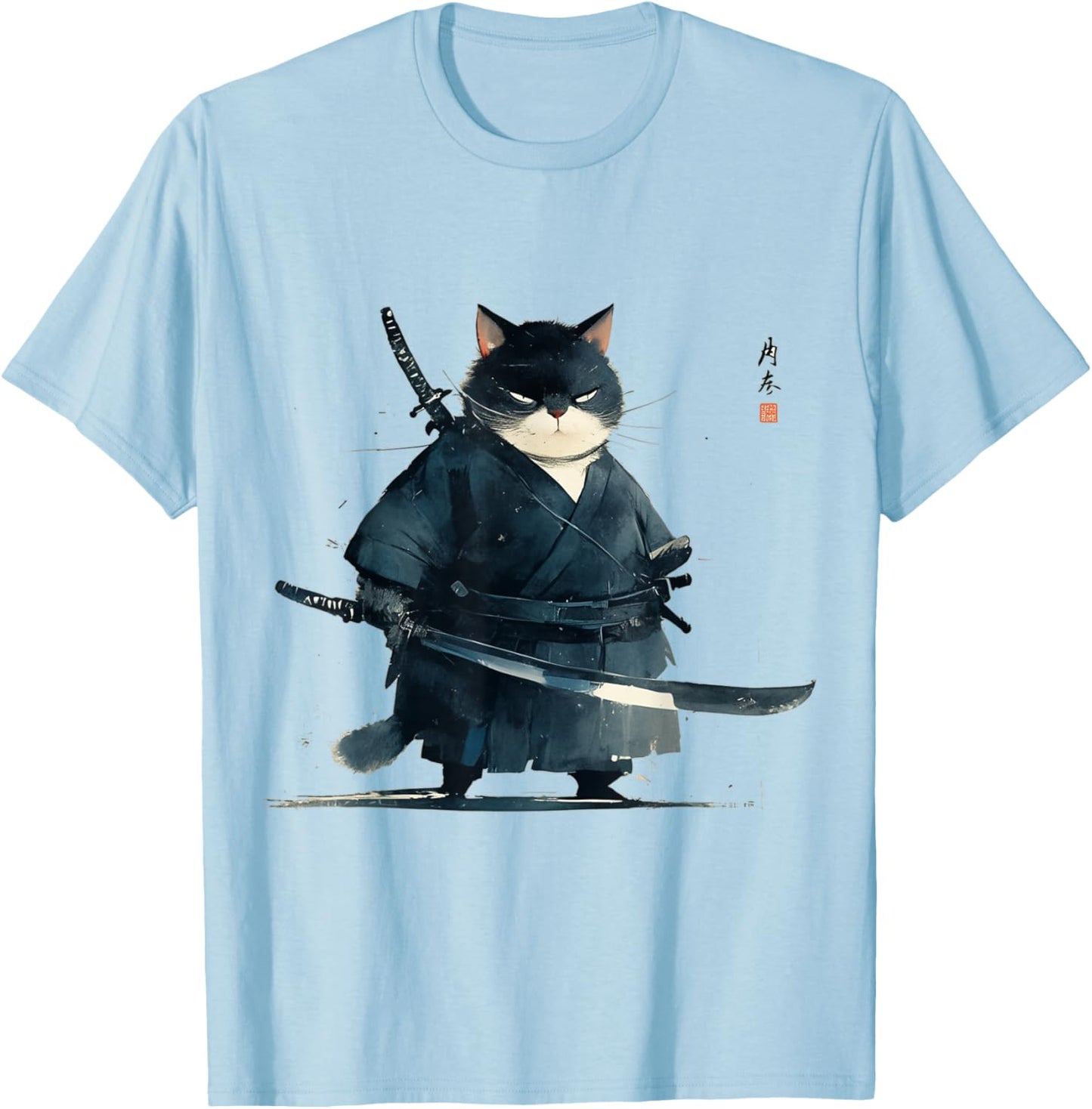 Japanese Art Cat Ninja Ukiyo-e Anime Style Samurai Cat T-Shirt - T-Shirt | Light Blue