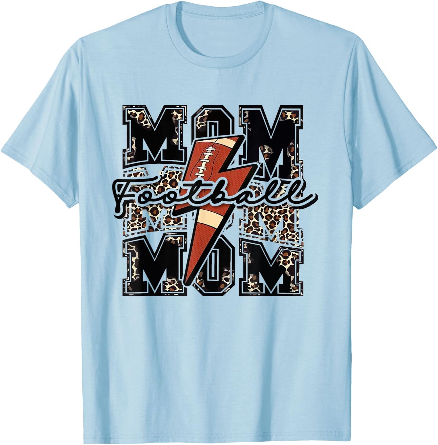 Football Mom Lightning Bolt Leopard Print Game Day Vibes T-Shirt - T-Shirt | Light Blue