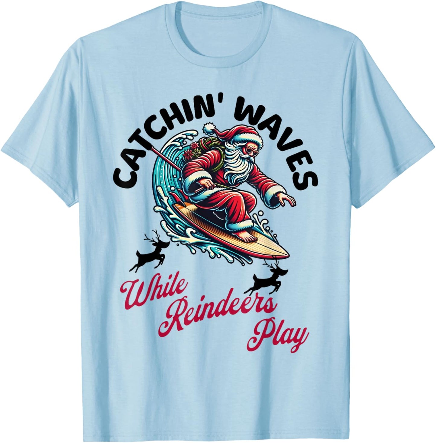 Christmas In July Surfing Santa Claus Summer Beach Vacay T-Shirt - T-Shirt | Light Blue
