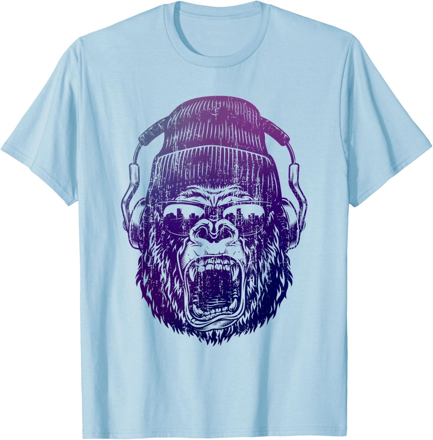 funky Monkey Chimp With Sunglasses And Headphones Funny T-Shirt - T-Shirt | Light Blue