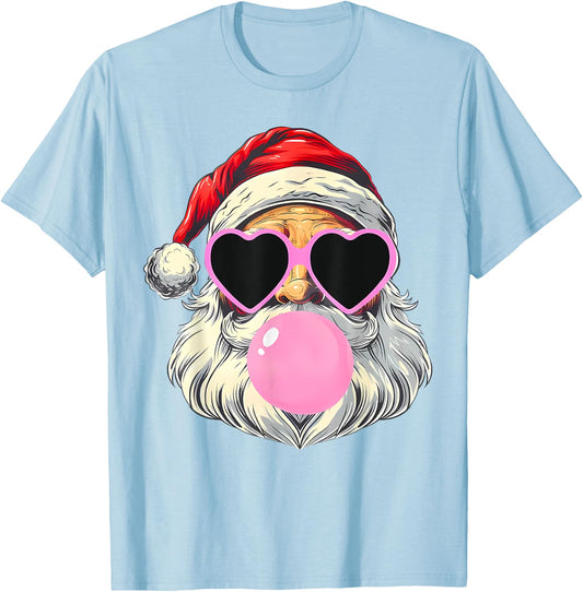 Santa Claus Blowing Bubble Gum Pink Sunglasses Christmas T-Shirt - T-Shirt | Light Blue