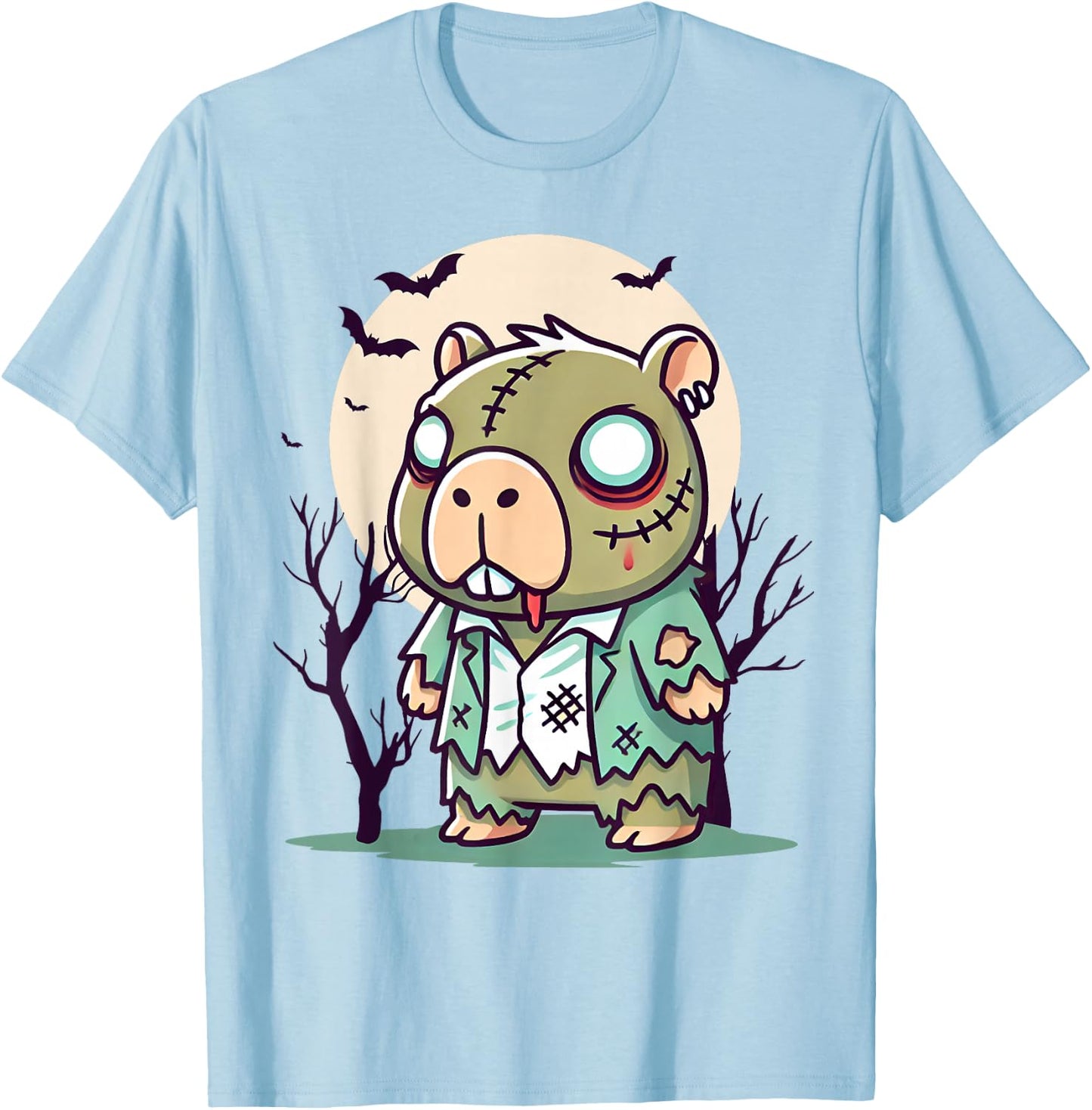 Creepy Zombie Capybara Cartoon Halloween T-Shirt - T-Shirt | Light Blue