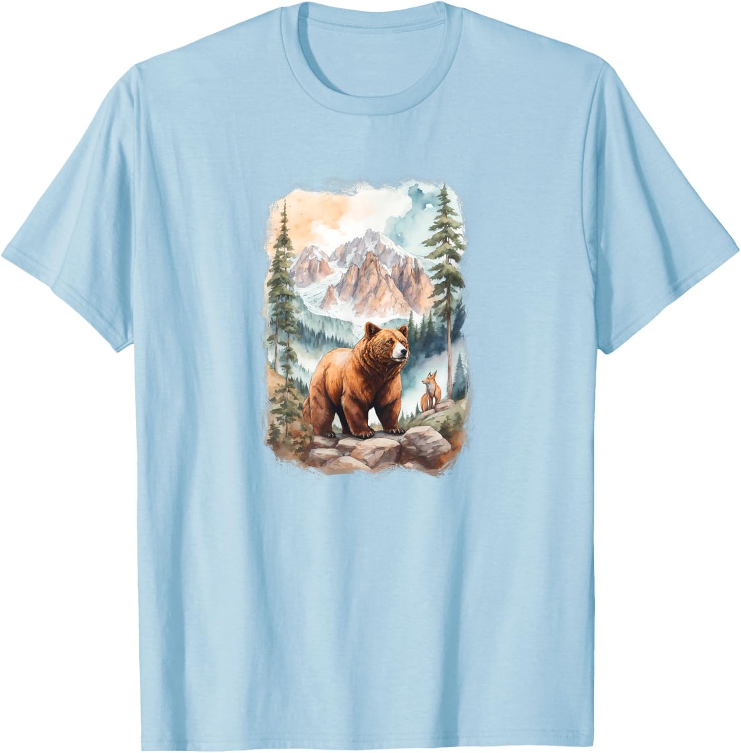 Bear and Fox in Mountain Forrest T-Shirt - T-Shirt | Light Blue