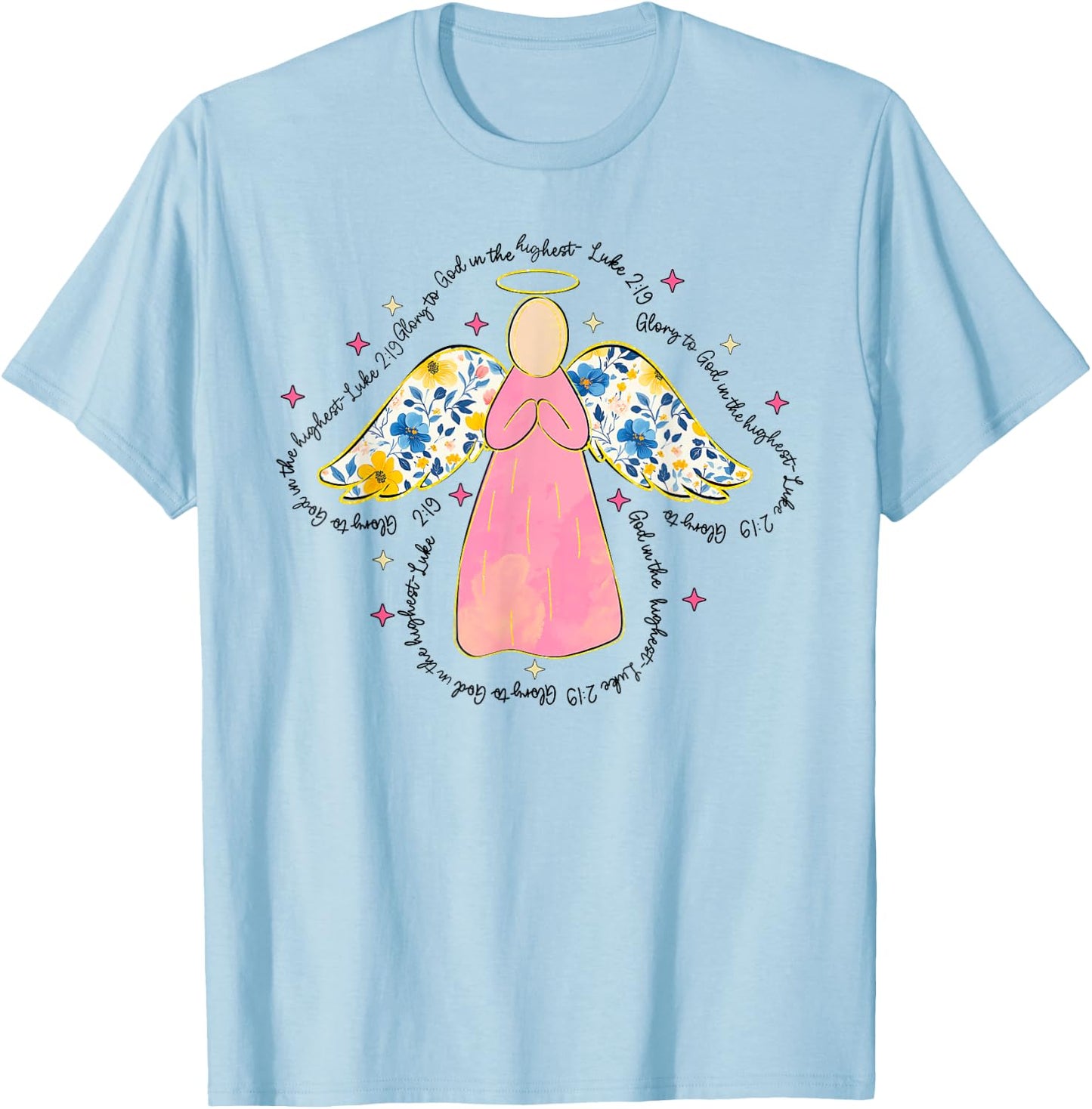Silhouette Pink Floral Angel God, Beautiful Christmas Angel T-Shirt - T-Shirt | Light Blue